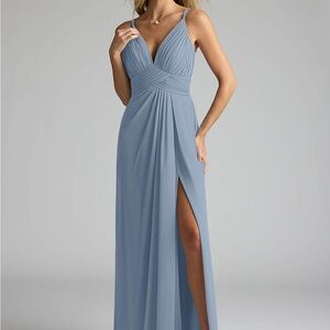 Azazie Blue Plunge Neck Sleeveless Gown